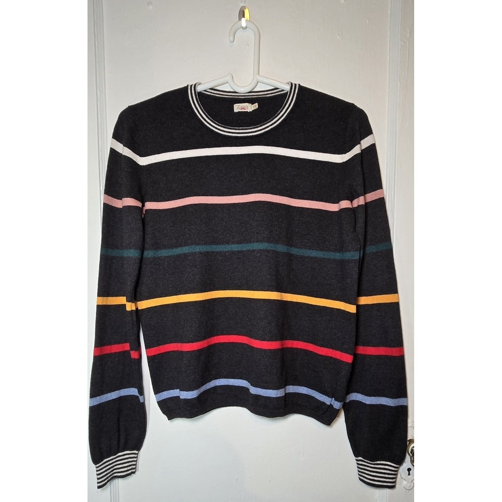 Faherty Womens M Multicolor Striped Cotton Cashmere Blend Crewneck Sweater Black